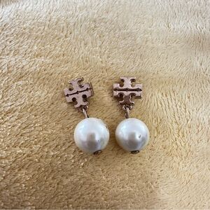 Tory Burch Rose Gold Logo Pearl Drop Earrings